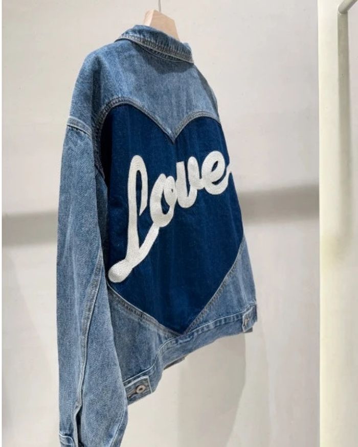 Veste en jean coton broderie Love coeur bleu marine - photo numéro 2