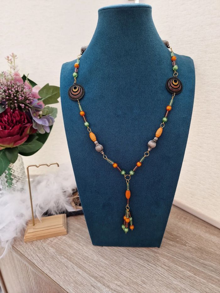 Collier Sautoir Doré Perles Orange Vert Marron - photo numéro 2
