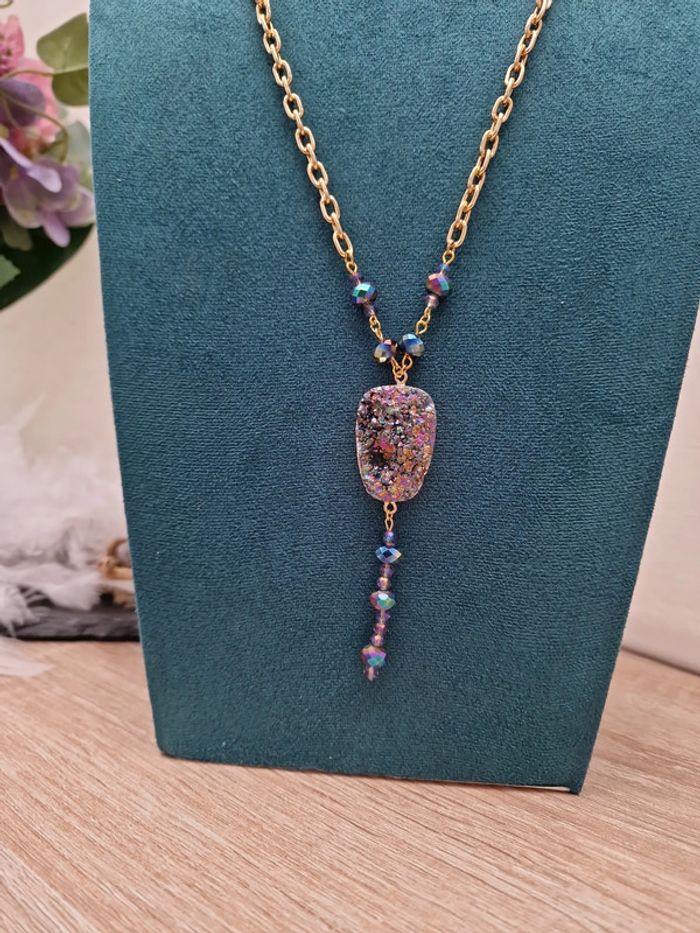Collier Doré Pierre Agate Perles Cristal Multicolore - photo numéro 8