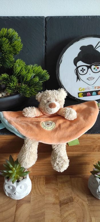 Doudou Ours Orange Bleu Marron Capuche Rond  Nicotoy Plat #geektradedoudou