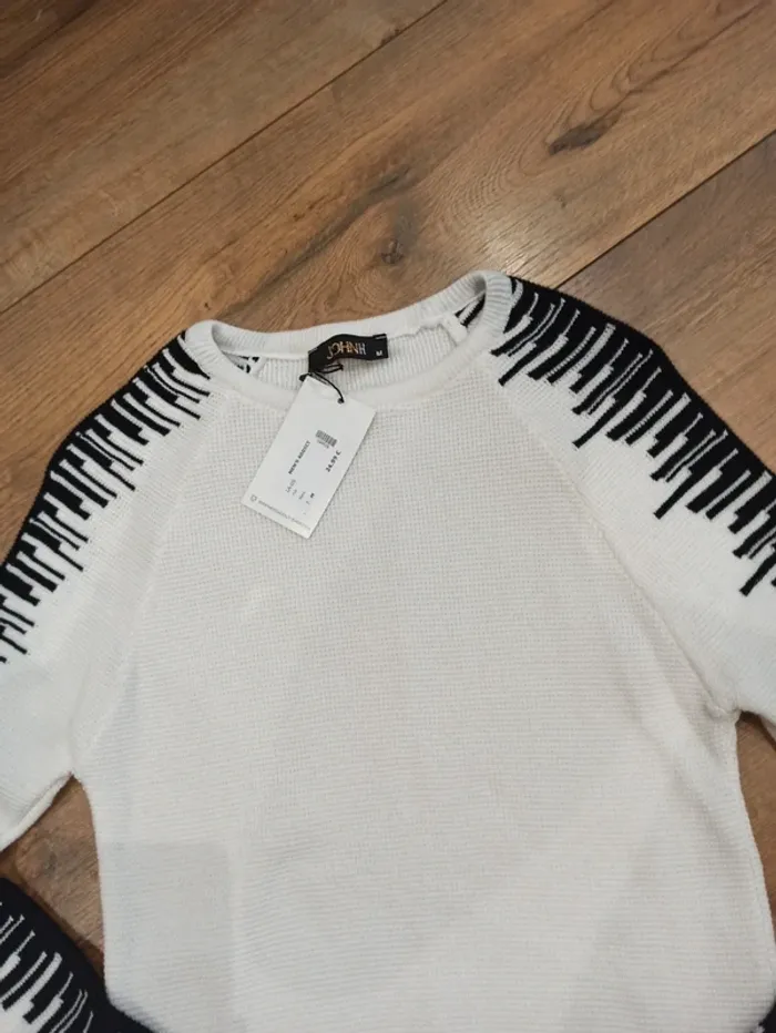 Pull en maille homme blanc et noir L - photo numéro 2