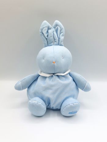 Peluche doudou lapin boule bleu rayures Bébé KLORANE col blanc 25 cm assis