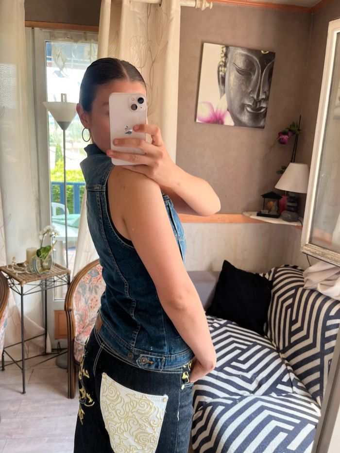 Top Jean veste y2k sans manches bohème champêtre country western Santiags denim - photo numéro 3