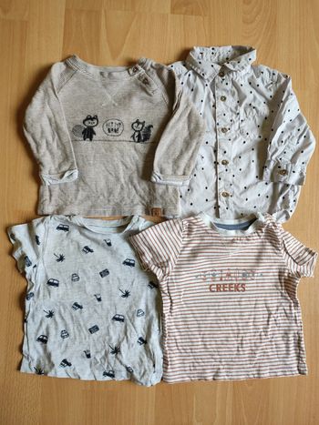 Lot 2 t-shirts Creeks/Pat & Ripaton + 1 sweat + 1 chemise Kiabi en 6M
