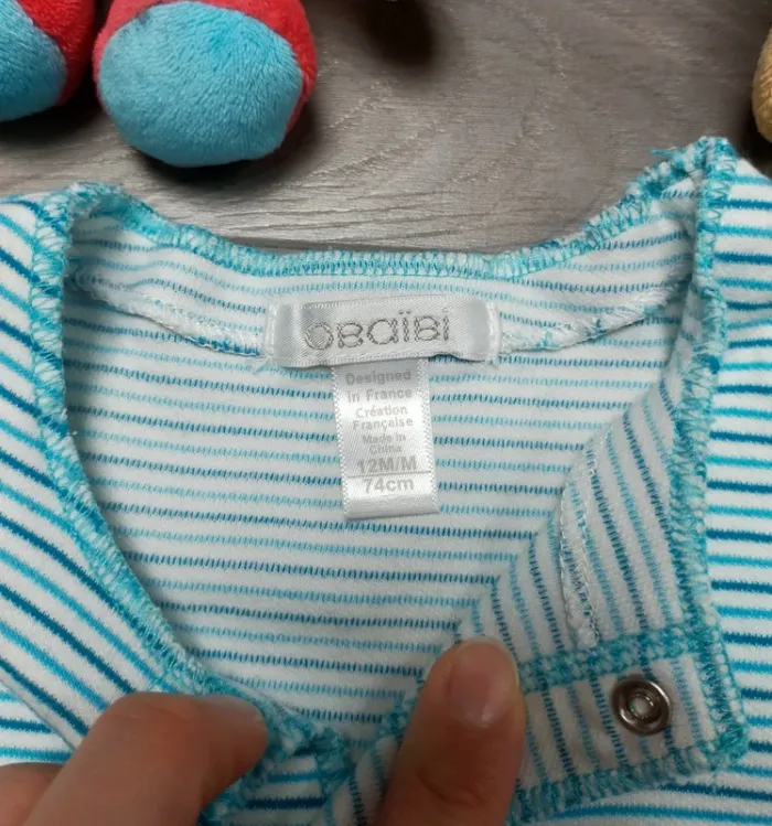 Grenouillère à rayures bleu bébé garçon 12 mois Obaibi - photo numéro 3