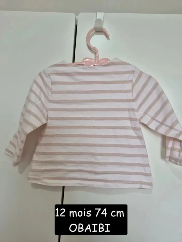 Collection 2025 T-shirt marinière rayé OBAIBI 12 mois 74cm  coton bio rose bébé fille - photo numéro 7
