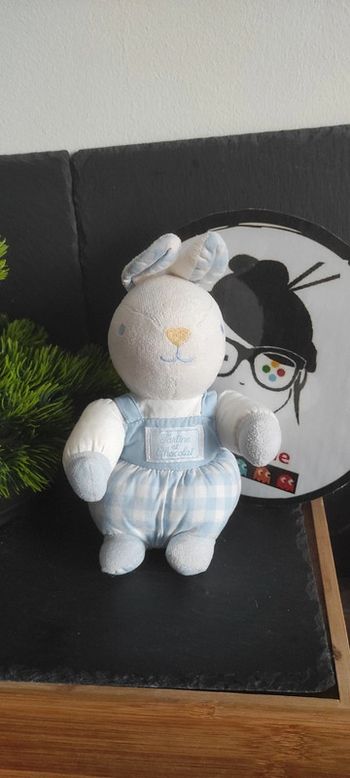 doudou peluche lapin blanc bleu carreaux salopette tartine et chocolat  vichy ancien vintage