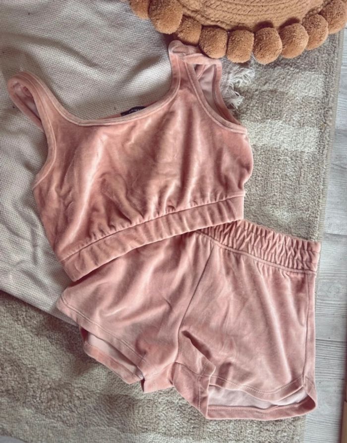 Ensemble femme short et débardeur rose velours xs - photo numéro 2