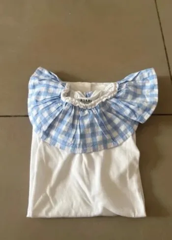 💙 T-shirt blanc 12 ans – Col vichy bleu cousu main, modèle unique ! 💙