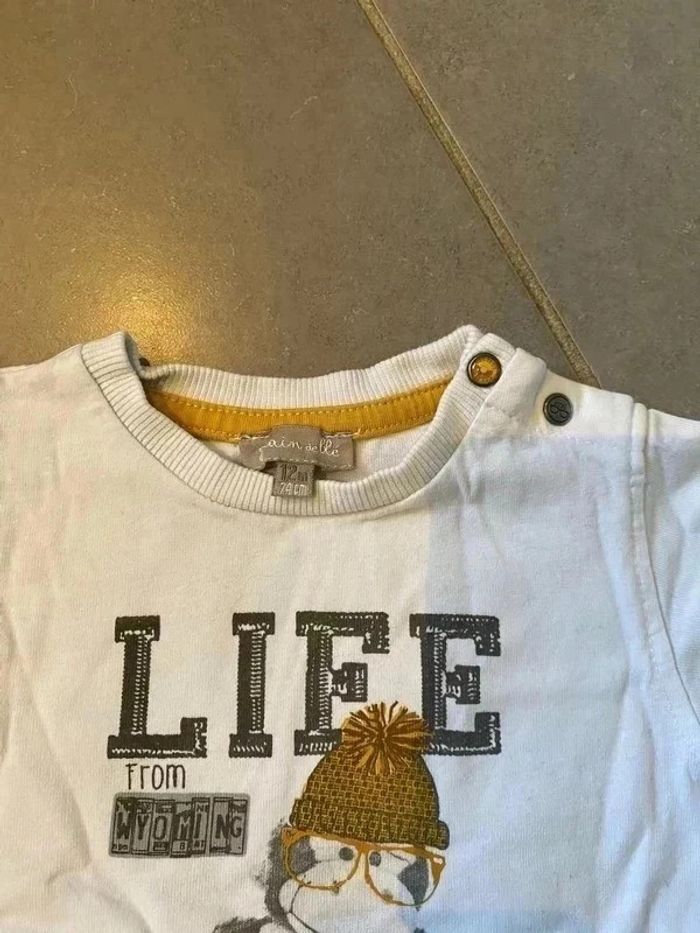 T-shirt - "Singe Life from wyoming" - Grain de blé - Manches Longues - Blanc, Gris & Noir - 12 mois - photo numéro 2