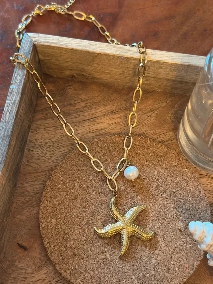 Collier pendentif en acier inoxydable pour femme, grande étoile de mer, perle d’eau douce naturelle - photo numéro 2