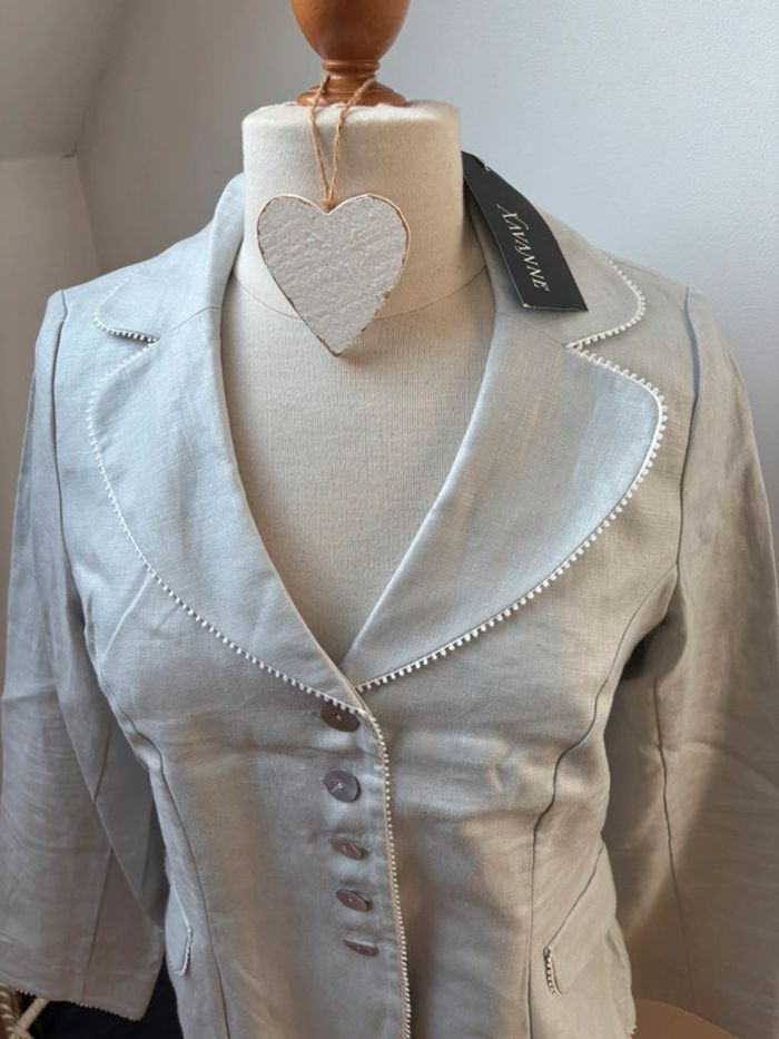 🤍 Sublime blazer en lin - gris détails blancs - T40 - photo numéro 2