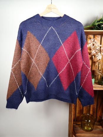 Pull Jacquard Argyle In April 1986 avec Laine Bleu Marine - Taille Unique
