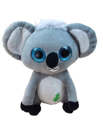 Peluche doudou koala gris FIZZY gros yeux bleus brillants feuille verte 23 cm