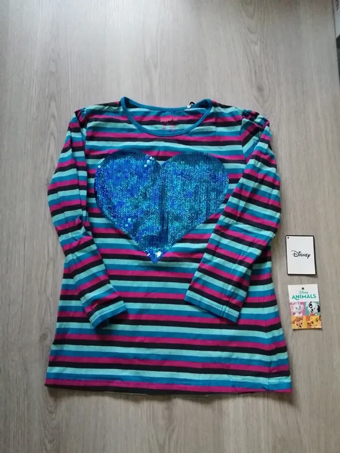 Tee-shirt manches longues rayé bleu noir et rose avec cœur sequin / pepperts / (10-12ans)