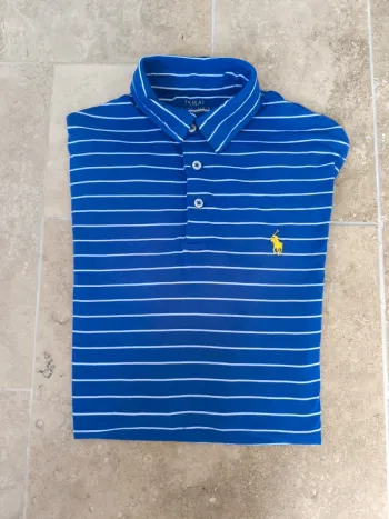 Polo Ralph Lauren performance homme S bleu rayures blanches logo jaunes avec défauts
