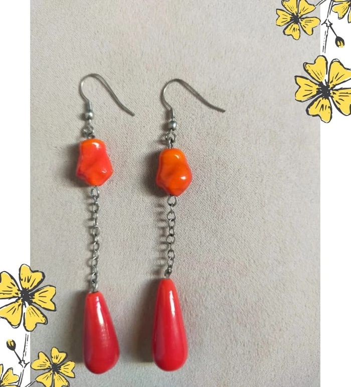 Boucles d’oreilles longues rouges & orange - Collection Terres d’Ailleurs - photo numéro 3