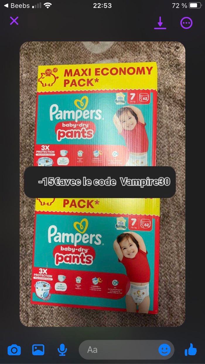 2 carton de couche Pampers taille 7