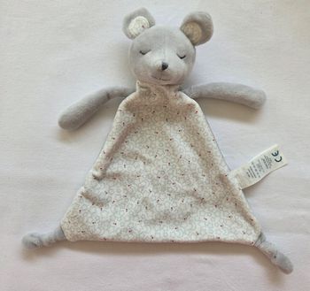 Doudou plat souris grise - Étoiles/ Lunes et pois rose - Obaibi