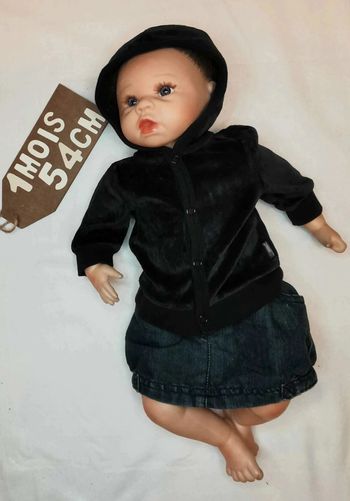 Veste 👣 sweat  noire  velours  et tissu  à  capuche Kitchoun 1mois/54cm