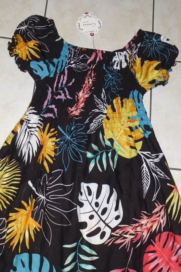 robe longue évasé d'été noir a motifs taille M/L élastique 25cm niveau poitrine neuve - photo numéro 4