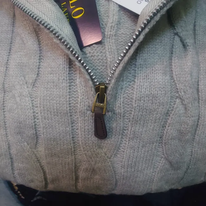 Pull torsadé Half Zip Ralph Lauren - Taille L - Gris logo brodé noir - Neuf - photo numéro 4