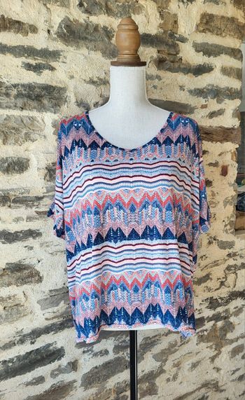 T-shirt blouse manches courtes à motifs bleu blanc corail Blancheporte Taille 54/56