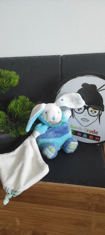 Lapin Boule Mouchoir Turquoise Doudou et Compagnie bleu merlin blanc rayé z'amigolos