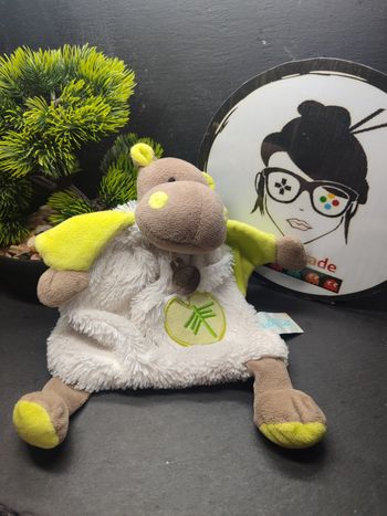 Doudou Hippopotame Bazile Feuille Baby Nat BN049 Vert Blanc Rond Plat 3794