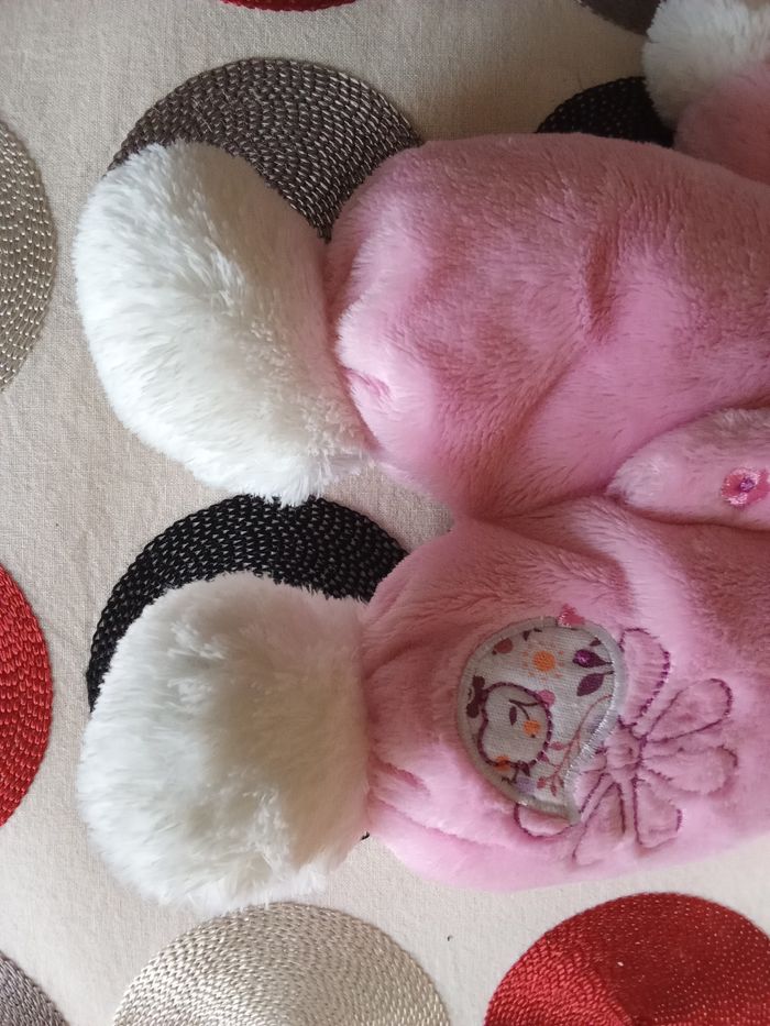 Ours rose blanc  doudou tex baby oiseau  brodé  col orange en posture debout belle peluche - photo numéro 6
