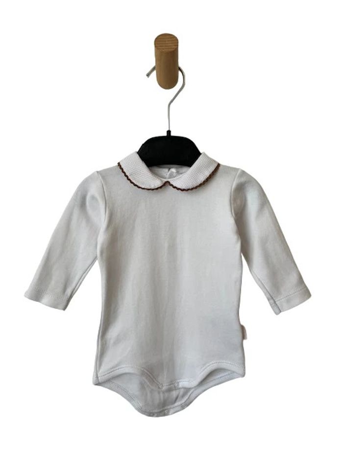 Body manches longues blanc (col brodé marron) - Cambrass 3 mois (62cm)