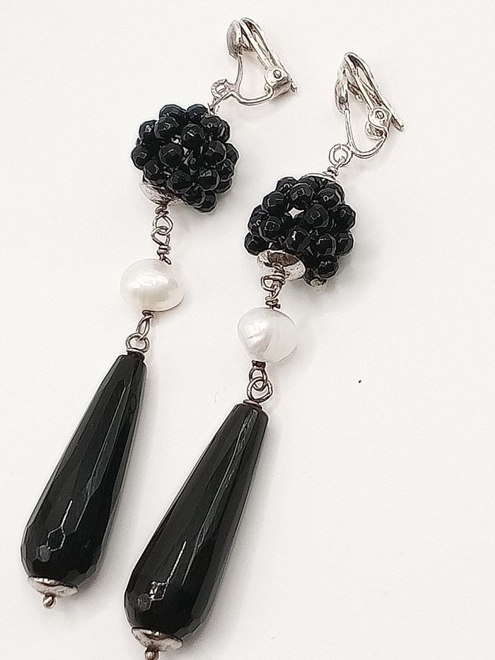 Orecchini donna clip vintage artigianali argento 925 perla fiume neri bianchi - photo numéro 5