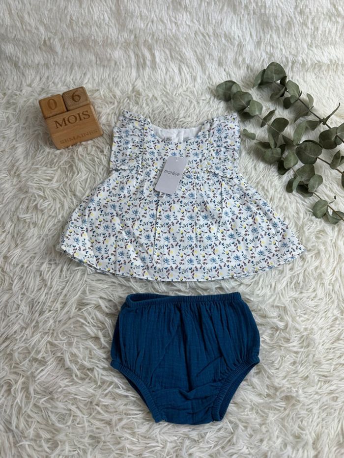 Robe fleurie avec bloomer gaze de coton Marese taille 6 mois