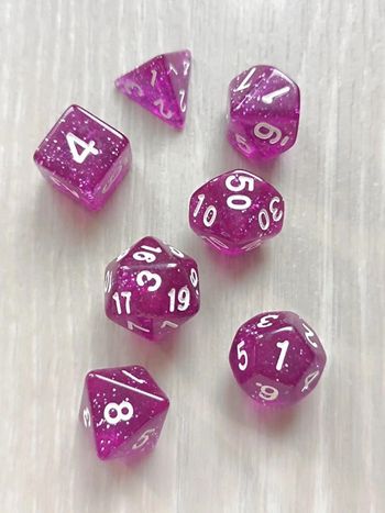 Lot de 7 dés, violet pailleté originaux pour activités