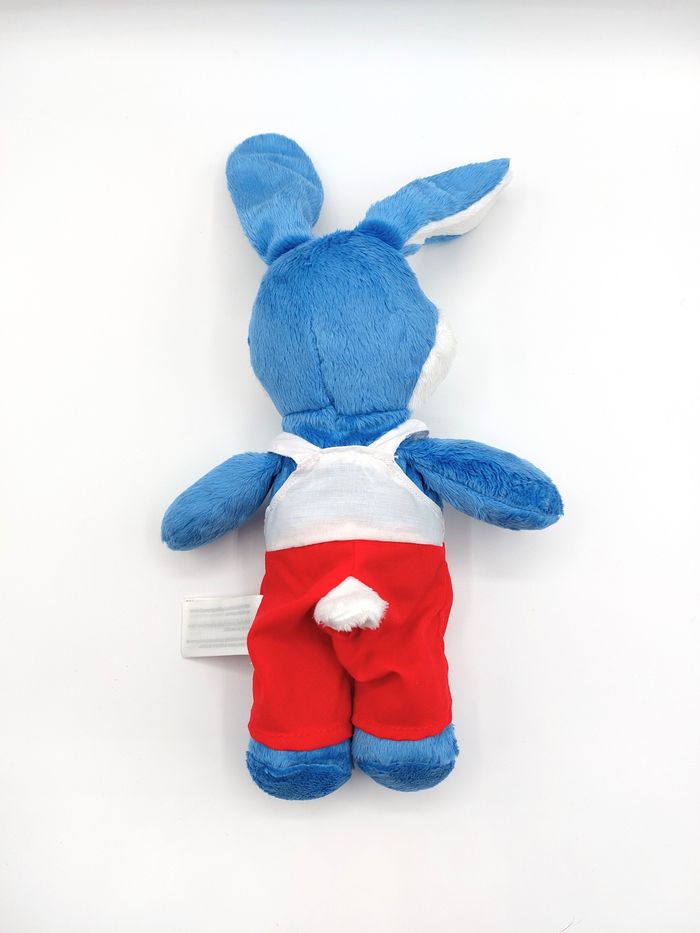 Peluche doudou lapin bleu blanc KINDER salopette rouge cœur brodé yeux verts - photo numéro 2