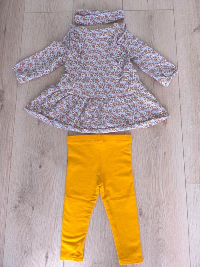 Ensemble hiver tunique fleurie + legging jaune molletonnés et bandeau fille DPAM - 18 mois - 80cm - photo numéro 4