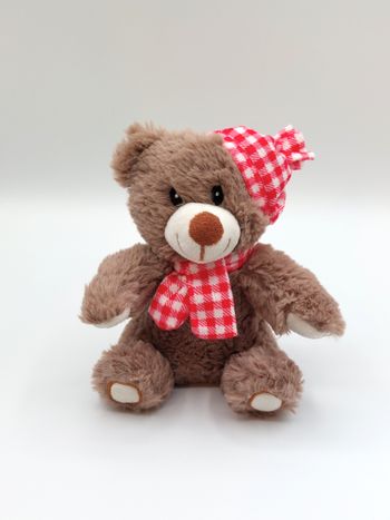 Peluche doudou ours marron écru 3Pagen écharpe bonnet rouge blanc carreaux 18 cm