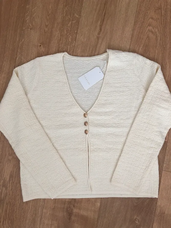 Haut petit pull beige bouton doré tendance été