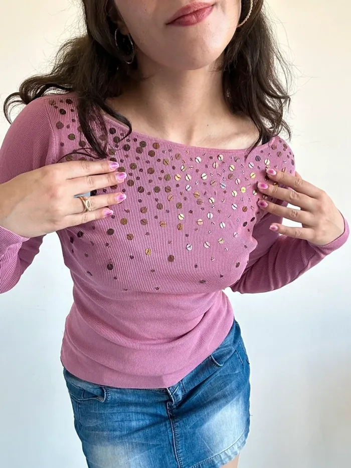Haut vintage années 2000 y2k rose à sequins taille S - photo numéro 3
