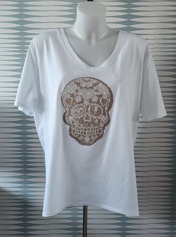 Tee-shirt blanc skull dorée et dentelle blanche taille unique Mina Rosa en excellent état