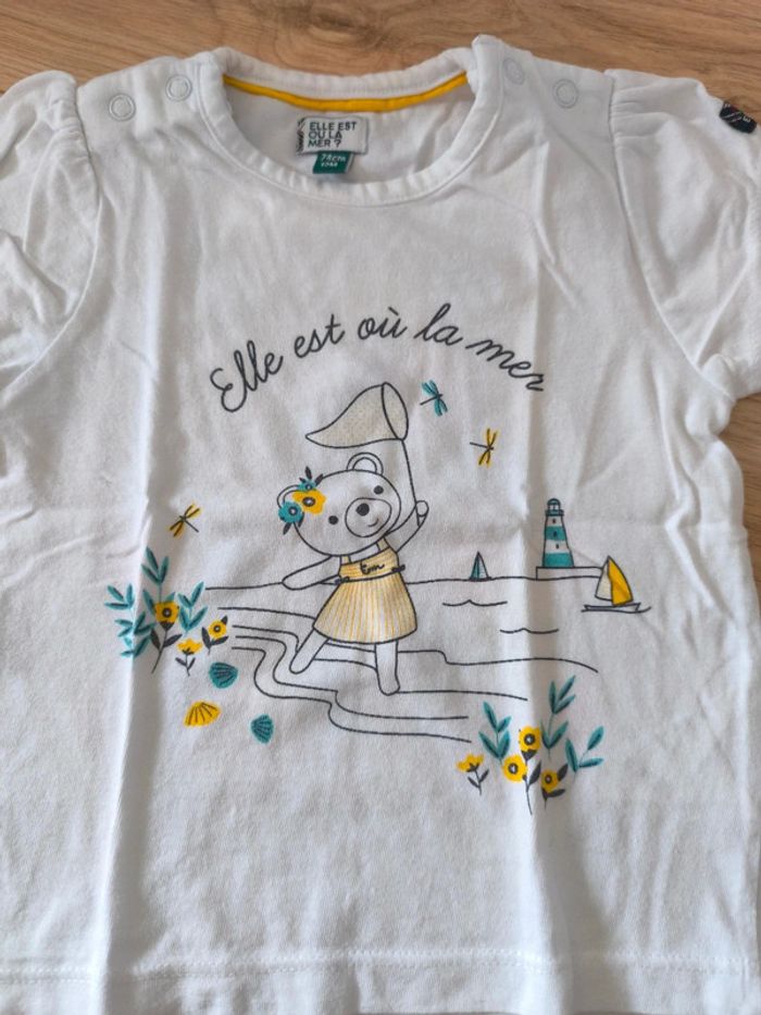 Ensemble t-shirt + short oursonne Elle est où la mer - Taille 12 mois-74cm - photo numéro 2