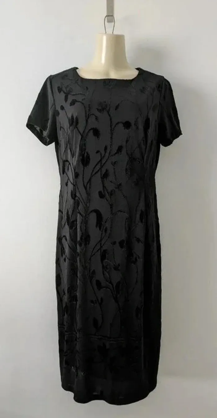 Robe longue vintage noire fleurs en velours - Jean Delfin - taille 42