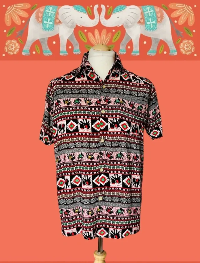 🐘Chemise vintage hippie 100% coton éléphants multicolores🌿Indian ethnic festival style shirt🐘 - photo numéro 2