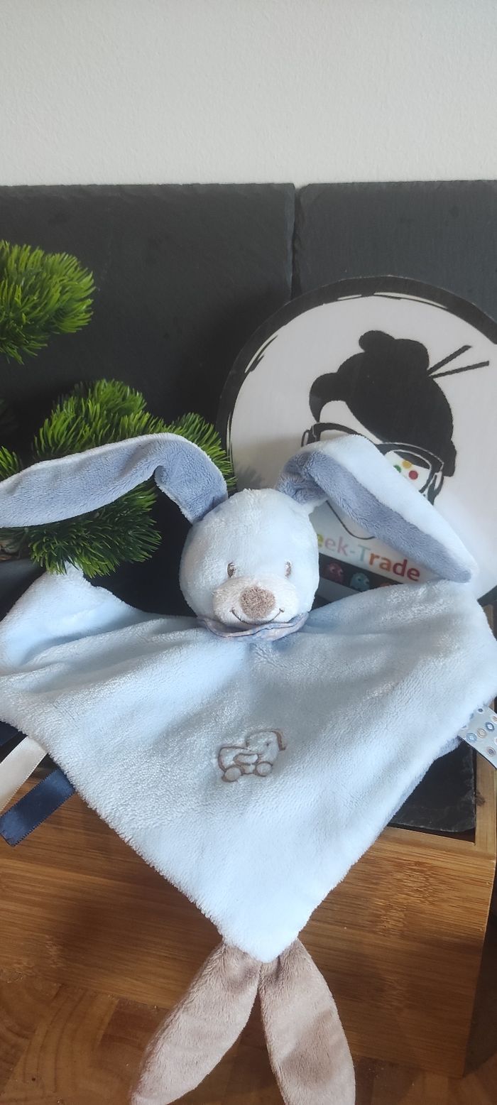 Doudou plat Nattou Lapin Alex Bibou Bleu marron Canard Jouet Carré Bandana Carré