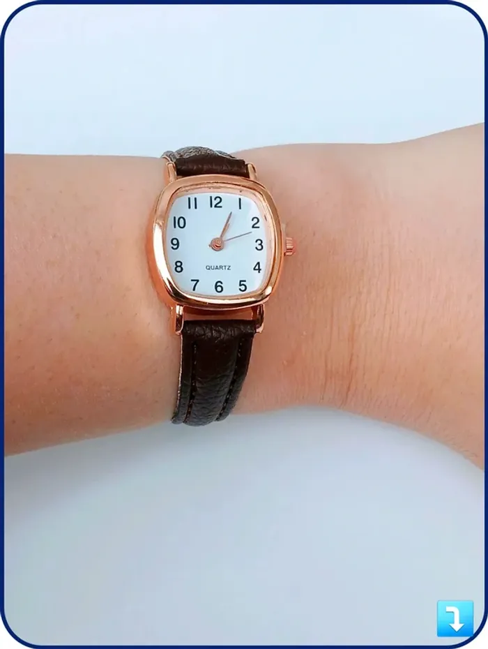 Montre rétro femme cadran carré rose gold | Bracelet marron chic style vintage