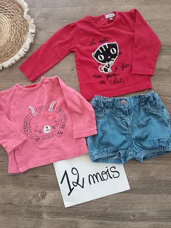 🌞lot de 2 t-shirts et 1 short 12 mois très Bon état général