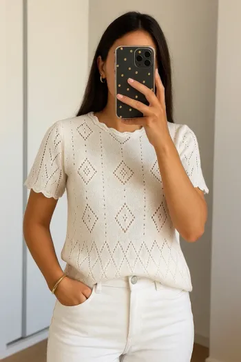 Pull tricot ajouré broderies Mango