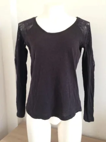 T-shirt col rond manches longues dentelle ajourée Jennyfer