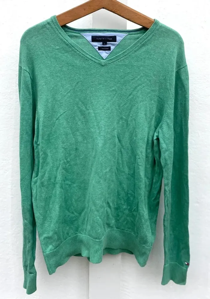 Tommy Hilfiger V-neck pullover lime green Mens L cotton and linen