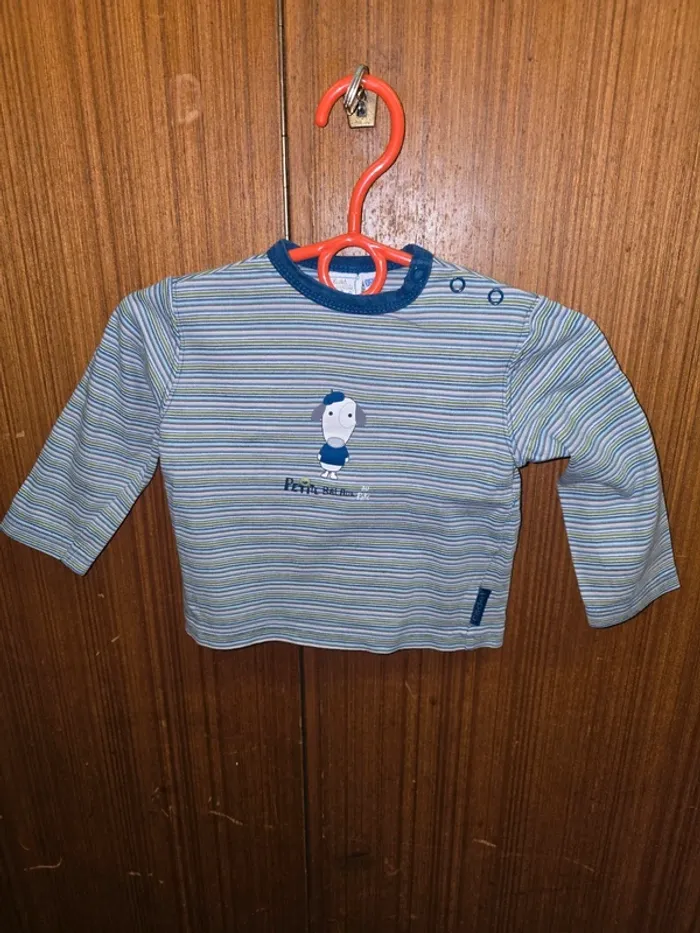 T-shirt manches longues bébé garçon – rayé bleu/vert avec motif chien